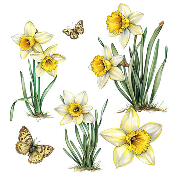 Anita Jeram Style Daffodils and Butterflies Vintage Clipart