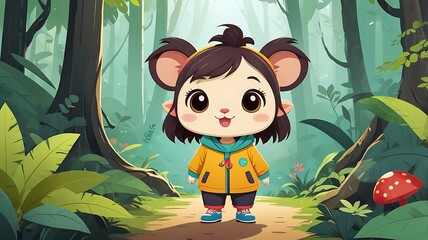 Smiling cartoon mouse girl in forest, suitable for childrens books, educational materials, wildlife conservation campaigns, and forestthemed designs.