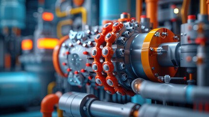 Close-up of industrial machinery showcasing intricate components, vibrant colors and engineered design elements in a modern factory.