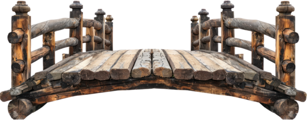 A rustic wooden bridge with curved design, perfect for nature settings and outdoor landscapes.