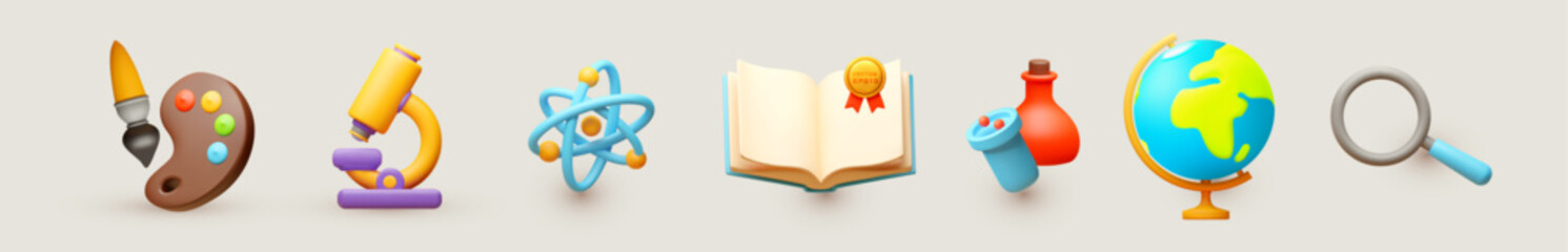 School and education learning icon set. Study and teaching elements. Natural, technical and humanities disciplines