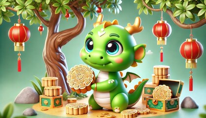 Obraz premium A little dragon holds mooncakes on Chinese Mid-Autumn Festival