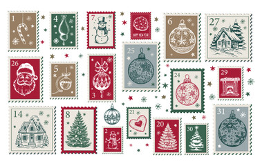 Advent calendar, Christmas Stamps, mail, postcard hand drawn illustrations.	