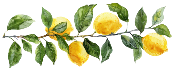 A vibrant watercolor illustration of a lemon branch with fresh lemons and green leaves, perfect for culinary or botanical themes.