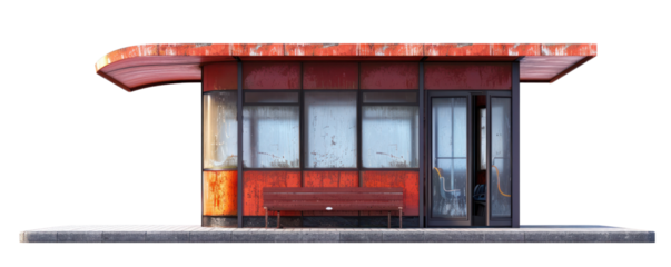 An abandoned bus stop featuring a retro design with vibrant colors, showcasing elements of urban decay and nostalgia.