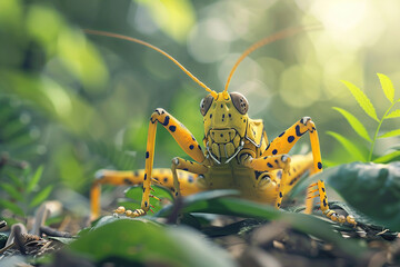 Detailed and realistic close-up of an adorable yellow, black spotted grasshopper with big expressive eyes
