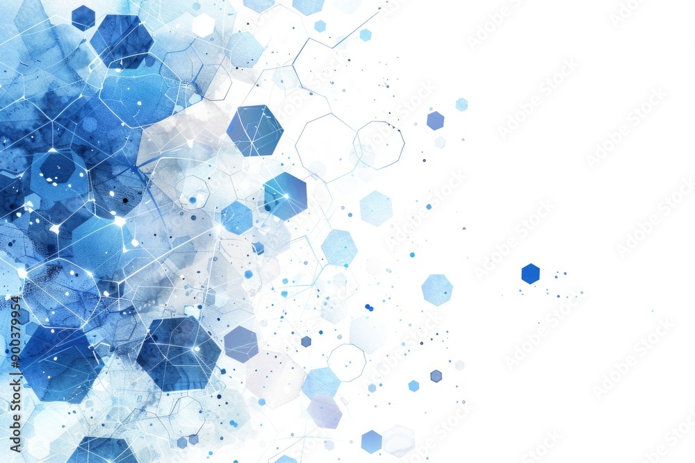 Poster a minimalist abstract design featuring blue and white hexagons on a clean background