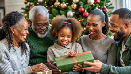 family, holidays, generation, christmas and people concept - happy family with gift boxes over living room at home
