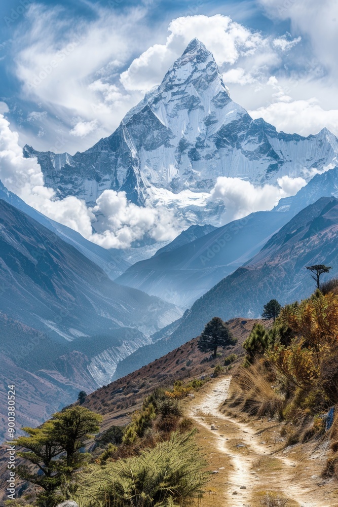 Poster dirt path winding its way up a mountain, with a snowy peak visible in the distance