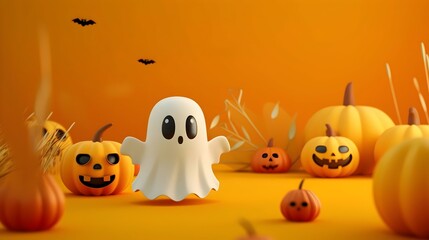Obraz premium A cute ghost stands amid carved pumpkins with various expressions, set against an orange background with flying bats and autumnal elements like dried wheat.