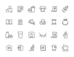 Food and drink icon collection set. Thin outline icons. Meat, milk, noodle, soup, bread, egg, cake, sweets, fruits, vegetables, drinks, nutrition, pizza, fish, sauce, cheese icon