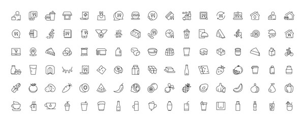 Food and drink icon collection set. Thin outline icons. Meat, milk, noodle, soup, bread, egg, cake, sweets, fruits, vegetables, drinks, nutrition, pizza, fish, sauce, cheese icon