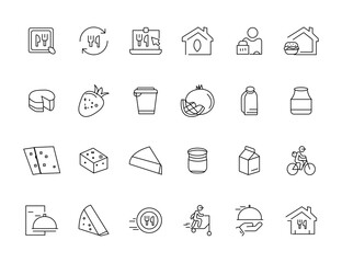 Food and drink icon collection set. Thin outline icons. Meat, milk, noodle, soup, bread, egg, cake, sweets, fruits, vegetables, drinks, nutrition, pizza, fish, sauce, cheese icon