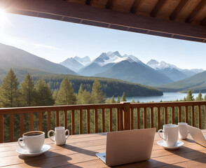 Fototapeta premium Outdoor office or workspace with laptop and coffee cup with mountain landscape view, remote job concept