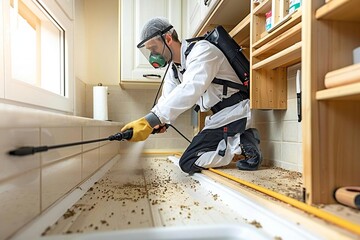 Beautiful man expertly spraying pesticide inside the wooden cabinet in the kitchen to control pests and maintain a clean home.