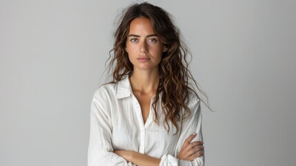 A woman with a serious expression, arms crossed, standing against a white background, embodying strength and resolve.