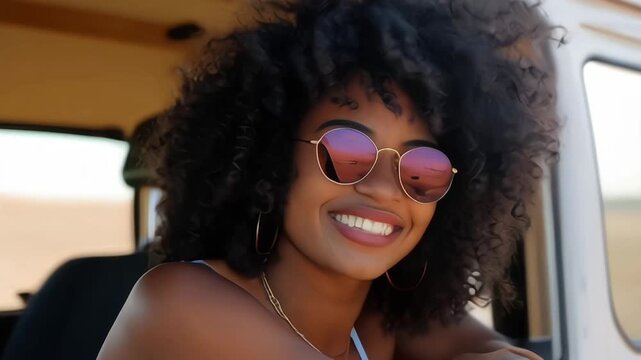 Black woman on the road, enjoying a view of the desert and traveling in SUV on a holiday road trip to South Africa. Travel adventure drive, summer vacation and explore the freedom of nature in the sun