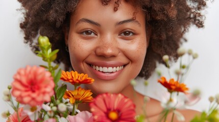 A woman with a radiant smile, holding a bouquet of flowers against a white background, symbolizing joy and celebration
