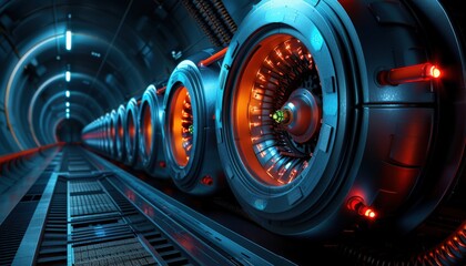 Obraz premium Futuristic tunnel with glowing machinery and vibrant neon lights, showcasing advanced technology in a sci-fi environment.