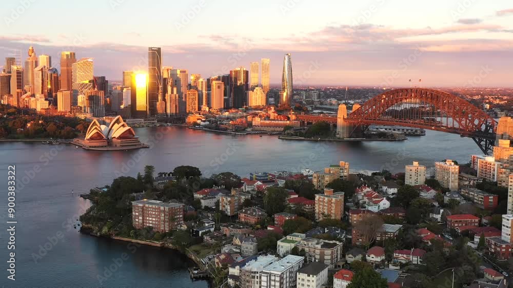 Sticker cityscape sunrise over sydney city cbd landmarks on harbour waterfront aerial 4k.