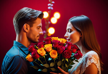 couple hidden behind bouquet vivid flowers deep red background mystery romance concept high resolution high details vibrant