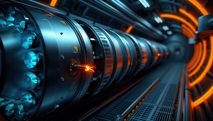 Futuristic tunnel with glowing technology, showcasing advanced machinery and intricate design. Ideal for science fiction themes.