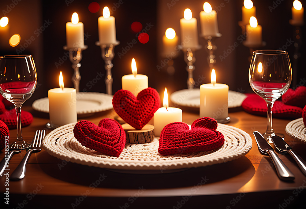 Wall mural romantic dinner setup crocheted heart decorations candlelight love celebration concept high resoluti