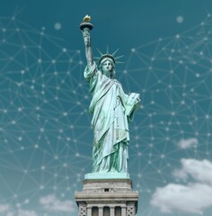 The Statue of Liberty stands tall against the blue sky, symbolizing freedom and adventure for all who come to New York City. The biomechanical girl is in the style of Sylvania documentary footage.