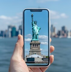 The Statue of Liberty stands tall against the blue sky, symbolizing freedom and adventure for all who come to New York City. The biomechanical girl is in the style of Sylvania documentary footage.