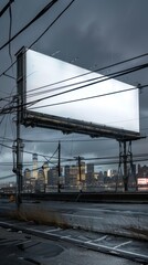 Fototapeta premium A vertical billboard fills 70 percent of the frame in the foreground, with the New York skyline in the background. Scattered phone lines crisscross the scene under a black, mysterious sky.