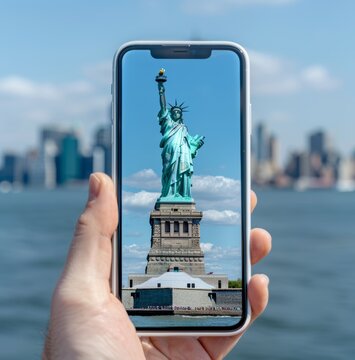 The Statue of Liberty stands tall against the blue sky, symbolizing freedom and adventure for all who come to New York City. The biomechanical girl is in the style of Sylvania documentary footage.