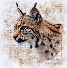 watercolor and ink, textured background of an ancient cave painting depicting the head portrait of a lynx in earth tones with gold accents in the style of an ancient cave painting.