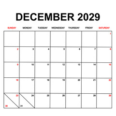 december 2029. Calendar with holydays or red dates. monthly calendar design with week starts on sunday. printable, simple, and clean vector design isolated on white background.