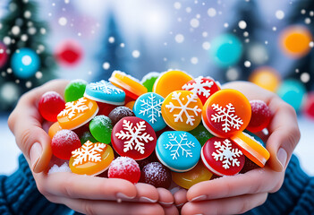 colorful candies hand snowflakes vibrant sweet treats winter backdrop festive indulgence concept high resolution high details vibrant