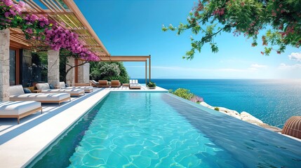Fototapeta premium Luxurious Outdoor Pool Area Overlooking a Serene Blue Ocean - Ideal for Travel and Luxury Lifestyle