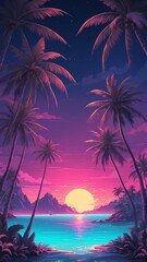 Obraz premium island paradise with palm trees retro neon