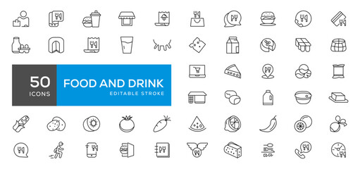 Food and drink icon collection set. Thin outline icons. Meat, milk, noodle, soup, bread, egg, cake, sweets, fruits, vegetables, drinks, nutrition, pizza, fish, sauce, cheese icon