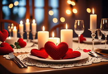 romantic dinner setup crocheted heart decorations candlelight love celebration concept high resolution high details vibrant