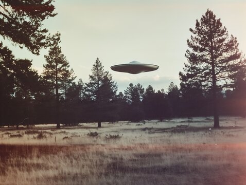 Flying saucer in the sky over a forest clearing