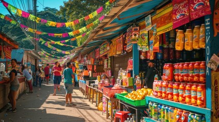 A colorful street festival in Latin America, featuring stalls with various canned drinks