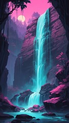 waterfall cascading down rocks retro neon