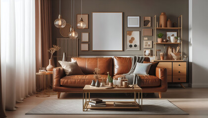 Home interior mock-up with brown leather sofa, table and decor in living room