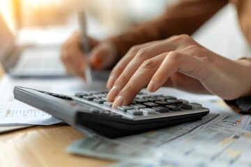 Beautiful close-up of a business person's hand elegantly calculating a bill with a calculator.