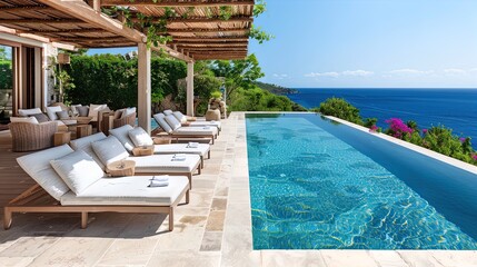Fototapeta premium Modern Outdoor Pool Area with Breathtaking Ocean View - Ideal for Luxury Travel and Lifestyle Content