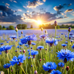 Fototapeta premium Field of blue cornflowers at sunset