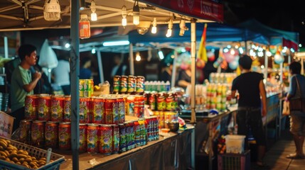 Obraz premium A night market in Asia, with a focus on stalls selling a variety of canned drinks