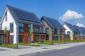 Fototapeta premium Modern new houses with solar panels on the roof against a blue sky background. Solar systems on the roof of a modern terraced houses