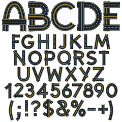 Alphabet, letters, numbers and signs from the road surface, road. Isolated vector objects on white background.