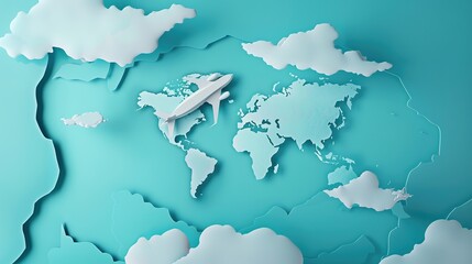 Concept of travel with the plane flew around the world ,Paper cut art style.