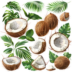 Coconut and tropical leaves arrangement, showcasing natural beauty and freshness, perfect for summer themes and designs.